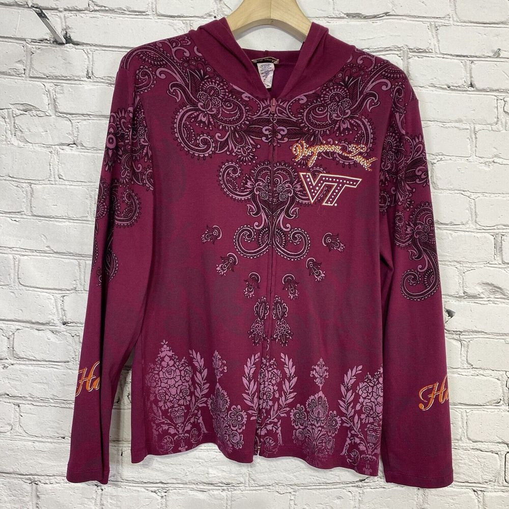 Virginia Tech Hokies Studio Gem Embellished Full-Zip Hoodie Women Size M AOP USA